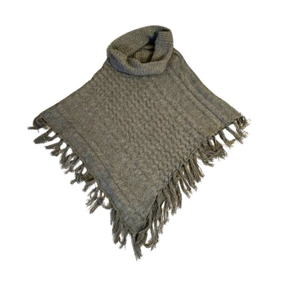 Gray Sweater Poncho With Cowl Neck & Fringe - Picture 2 of 7